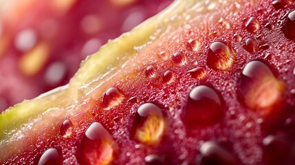 Close-up of a juicy, red fruit slice with water droplets.