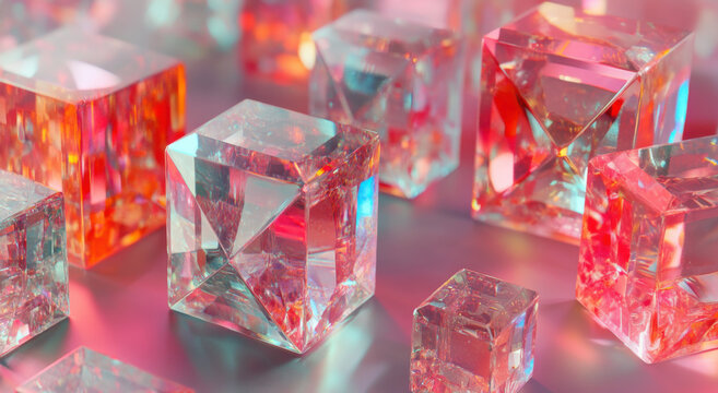 A captivating geometric crystal cube with intricate internal reflections and vibrant hues of pink, blue, and orange. The soft, dreamy background enhances the artistic and modern feel. Concept of artis