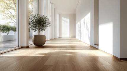 Sunlit Modern Interior Hallway with Wooden Flooring and Potted Plant in Minimalist Design
