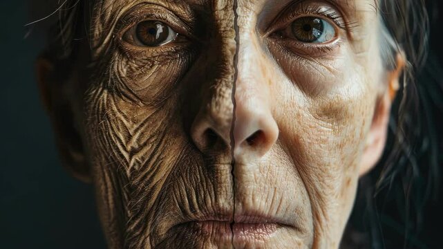 Elderly Woman's Face Juxtaposed with Her Youthful Self, Concept of Aging and Time