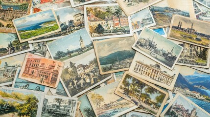 A collection of vintage postcards spread across a white  background