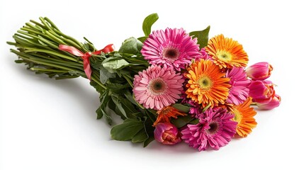 A vibrant bouquet of mixed flowers including daisies and tulips on a white isolated background