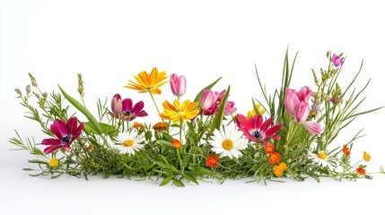 Obraz premium A vibrant bouquet of mixed flowers including daisies and tulips on a white isolated background