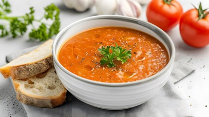 Creamy tomato soup garnished with fresh parsley, served with slices of crusty bread on a gray background. Comfort food and healthy meal concept.

