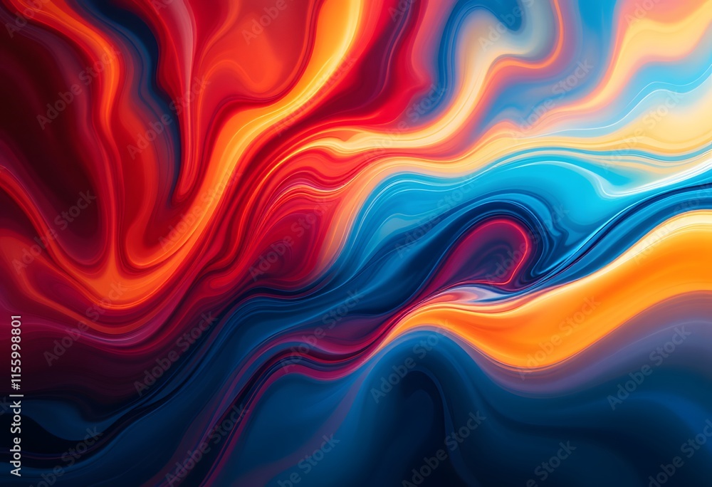 Poster vibrant flowing waves of red, orange and blue colors in abstract fluid art style. dynamic swirling p