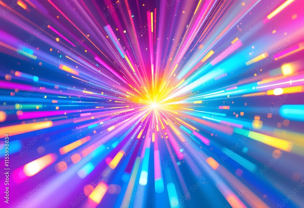 Poster vibrant light burst with colorful rays exploding from center. dynamic neon starburst effect in pink,