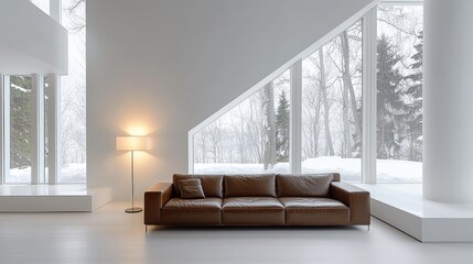 Fototapeta premium Modern Minimalist Living Room with Large Windows Overlooking a Snowy Forest Landscape and Elegant Brown Leather Sofa