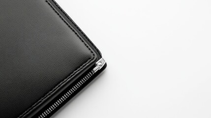 A stylish black wallet with a zipper and minimalistic design on a white isolated background