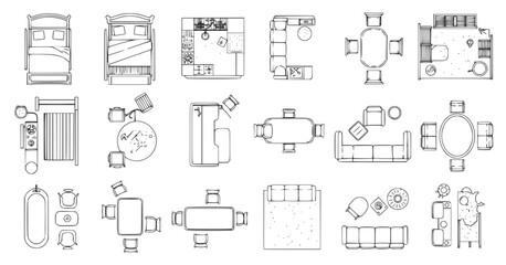 Top view of set furniture elements outline symbol for bedroom, kitchen, bathroom, dining room and living room. Interior icon bed, chair, table and sofa.