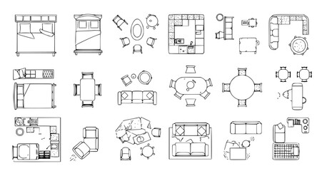 Top view of set furniture elements outline symbol for bedroom, kitchen, bathroom, dining room and living room. Interior icon bed, chair, table and sofa.