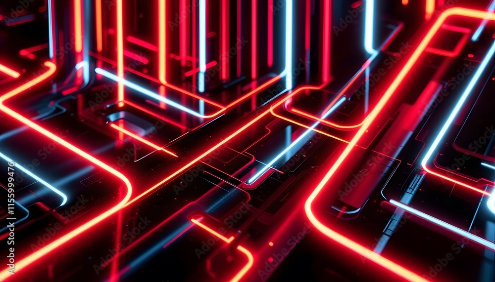 Aufkleber glowing neon lines in red and blue colors creating futuristic maze pattern. abstract geometric backg