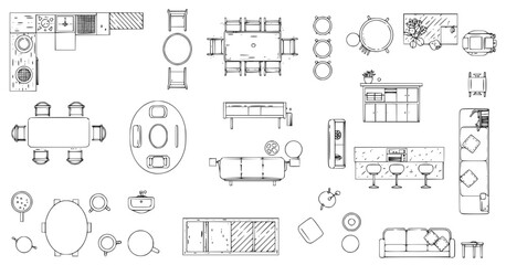 Top view of set furniture elements outline symbol for dining room, office, cafe, kitchen and living room. Interior icon chair, sink, table and sofa.