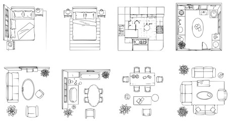 Top view of set furniture elements outline symbol for bedroom, kitchen, bathroom, dining room and living room. Interior icon bed, chair, table and sofa.