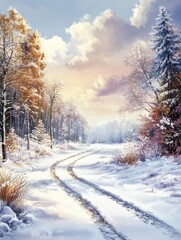 Obraz premium Beautiful snowy road in winter landscape