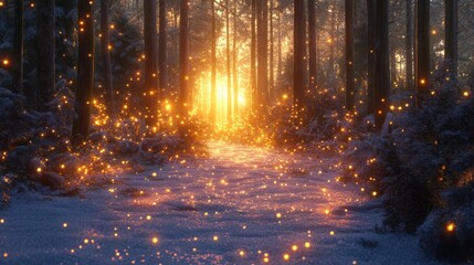 Obraz premium Magical Snowy Forest Path with Glowing Lights at Sunset