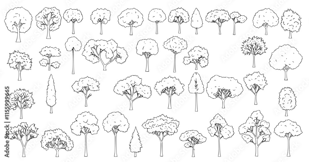 Aufkleber top view and side view, set of graphics trees elements outline symbol for architecture and landscape