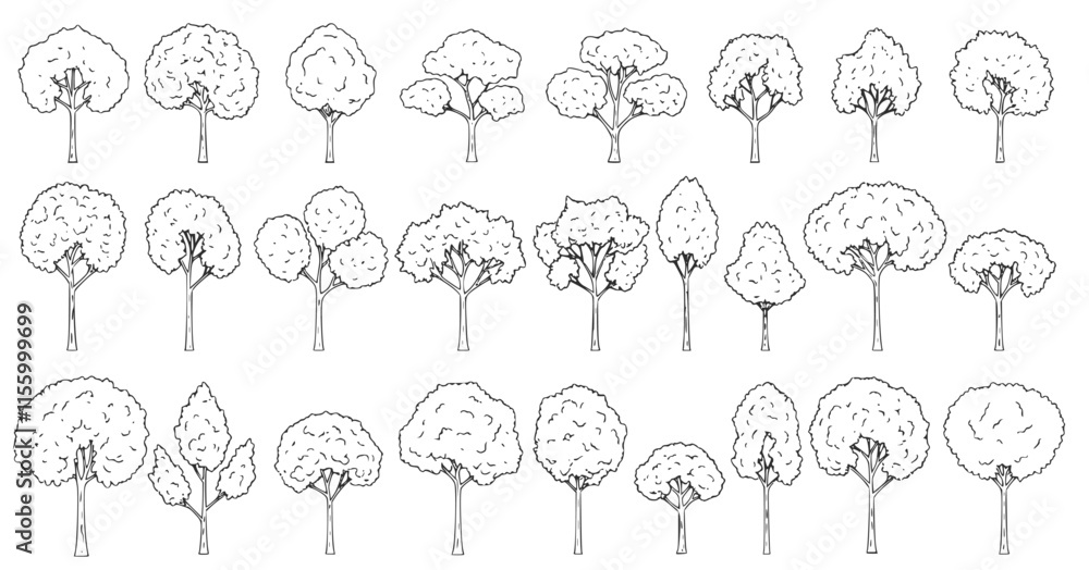 Aufkleber top view and side view, set of graphics trees elements outline symbol for architecture and landscape