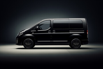 Sleek black van in studio lighting, side view, mockup, city space