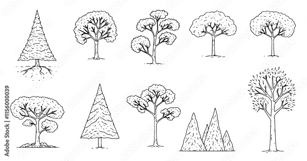 Aufkleber top view and side view, set of graphics trees elements outline symbol for architecture and landscape