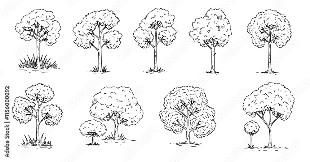 Aufkleber top view and side view, set of graphics trees elements outline symbol for architecture and landscape