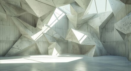 Sunlit Origami: Abstract Exhibition Hall with Polygonal Paper Installation