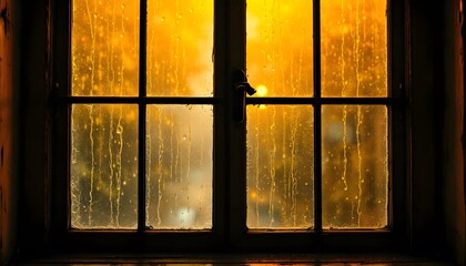 Atmospheric window with golden sunset light streaming through raindrops. Dramatic view through vintage glass panes. Moody evening scene with condensation for emotional design background