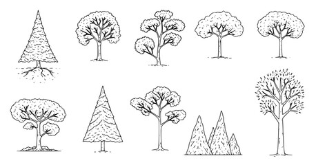 Top view and side view, set of graphics trees elements outline symbol for architecture and landscape design drawing. Vector illustration
