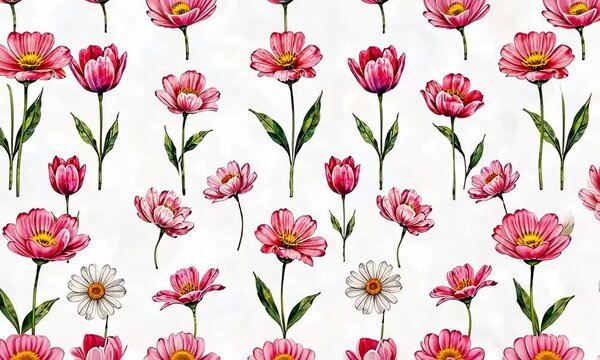 pattern of spring flowers tulips, daisies, peonies, soft pastel of pink on a white background, fabric prints, wrapping paper, or design,illustration , watercolor, poster, postcard,screensaver, wallpap