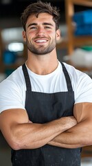 Obraz premium A man in an apron with his arms crossed smiling at the camera