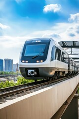 Naklejka premium Sleek train glides smoothly above cityscape under bright blue sk