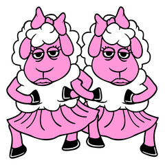 2 Sheep Couple Tired Bored Girlfriends Cool Girls Design Lover Art Vector Illustration Card T-Shirt Poster Sticker Graphic Print Decorative Drawing Isolated Logo Decoration Symbol Creative Cool Style
