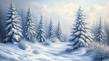 Naklejka premium A serene winter landscape showcasing snow-covered evergreen trees blanketed in fresh snow, creating a peaceful and tranquil atmosphere in a winter wonderland.