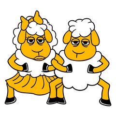 2 Sheep Couple Tired Bored Friends In Love Dancing Design Lover Art Vector Illustration Card T-Shirt Poster Sticker Graphic Print Decorative Drawing Isolated Logo Decoration Symbol Creative Cool Style