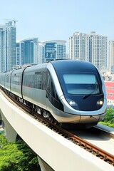 Naklejka premium Sleek modern train gliding above urban skyline, showcasing advan