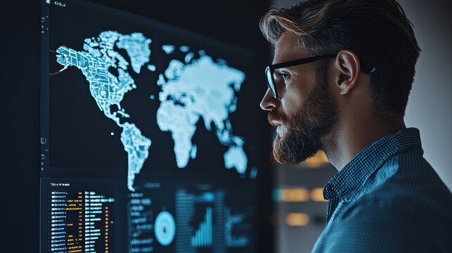 Man analyzing global map data on a digital screen in a dark room