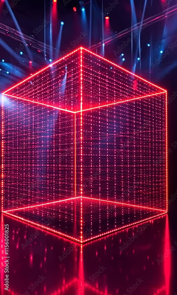 Poster vibrant illuminated cube with red and blue lights creates dynamic atmosphere, with glowing edges and