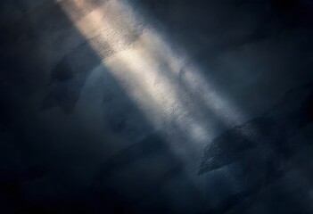 Dramatic rays of sunlight breaking through dark stormy clouds. Natural phenomenon in moody sky. Atmospheric heavenly beams. Spiritual and weather background for design with copy space