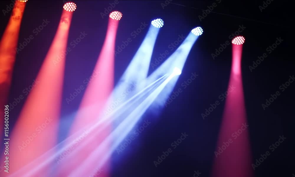 Poster vibrant stage lights illuminate dark background with colorful beams, creating dynamic atmosphere per