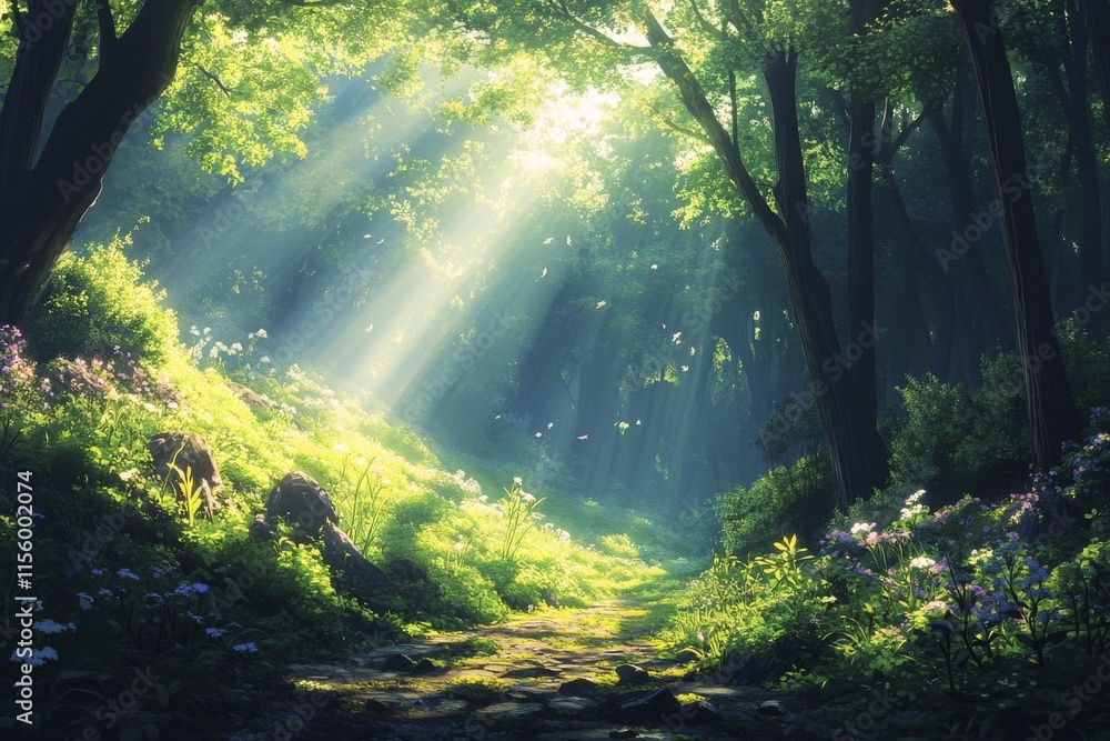 Poster sunlight filtering through leaves in a serene forest setting during daytime