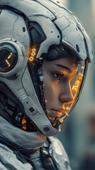 Futuristic robot with illuminated features in urban environment at dusk