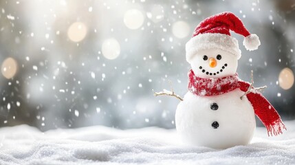 Fototapeta premium Christmas card featuring a snowman in a snowy winter landscape with copy space image.