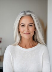Fototapeta premium A woman with grey hair wearing a white sweater