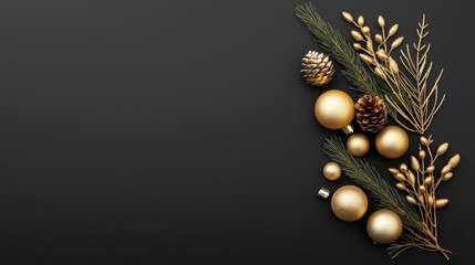 decorations with golden baubles, pinecones, and fir branches on a black background