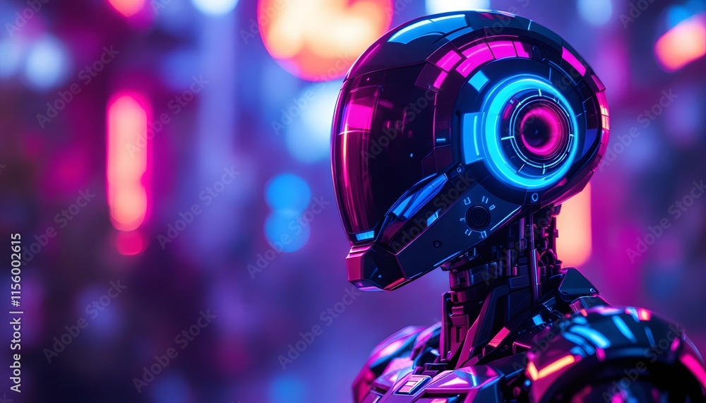 Poster futuristic robot head profile with glowing blue neon details against purple bokeh background. cyberp