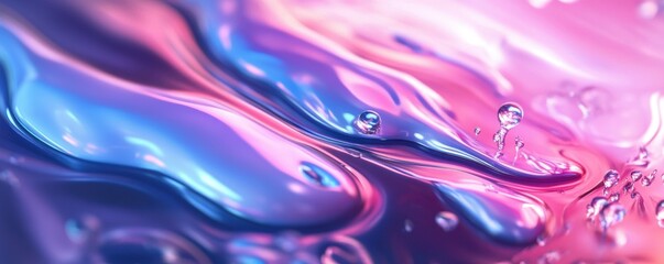 Abstract liquid surface with pink and blue flowing gradients and water droplets. Macro shot of glossy liquid texture.