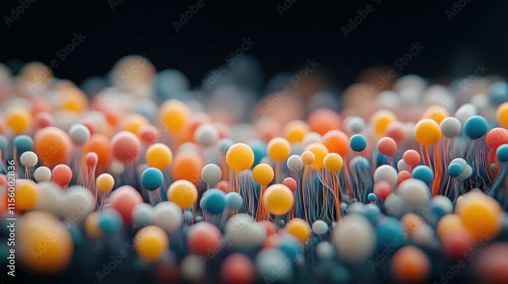 Poster colorful abstract spheres with textured surface and thin stems on black background. close-up of arti
