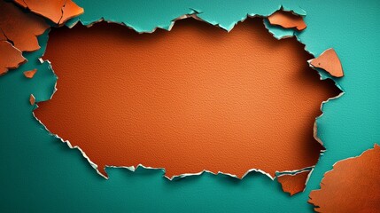 A hole in a blue and orange wall with torn paper
