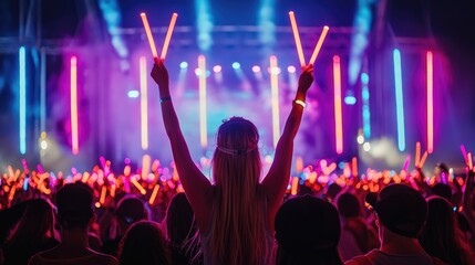 Energetic Crowd Enjoying Live Music Concert with Vibrant Neon Lights and Exciting Atmosphere at...