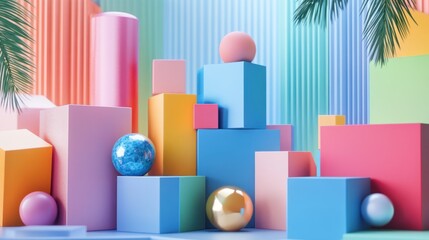 Pastel Paradise: A 3D Render of Colorful Geometric Shapes and Spheres