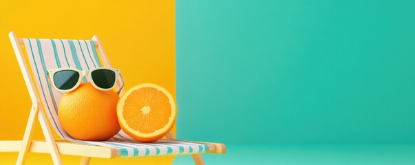 Orange fruit with sunglasses sitting on a striped beach chair against a colorful yellow and teal background.